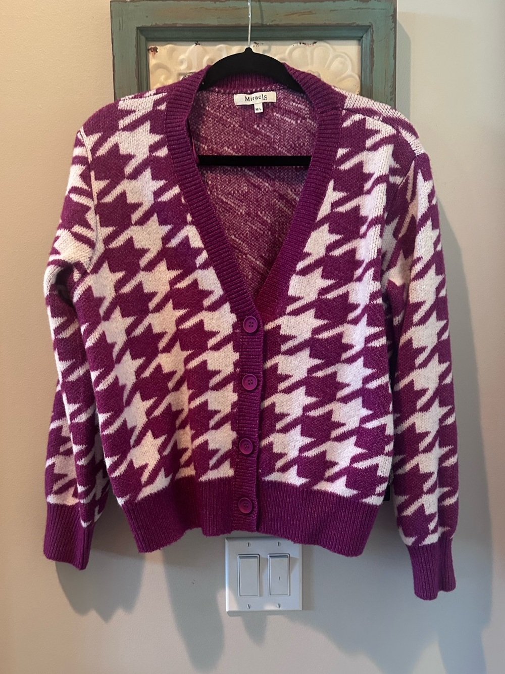 Miracle Sweater Purple Houndstooth Button Front Cardigan Sweater M/L
